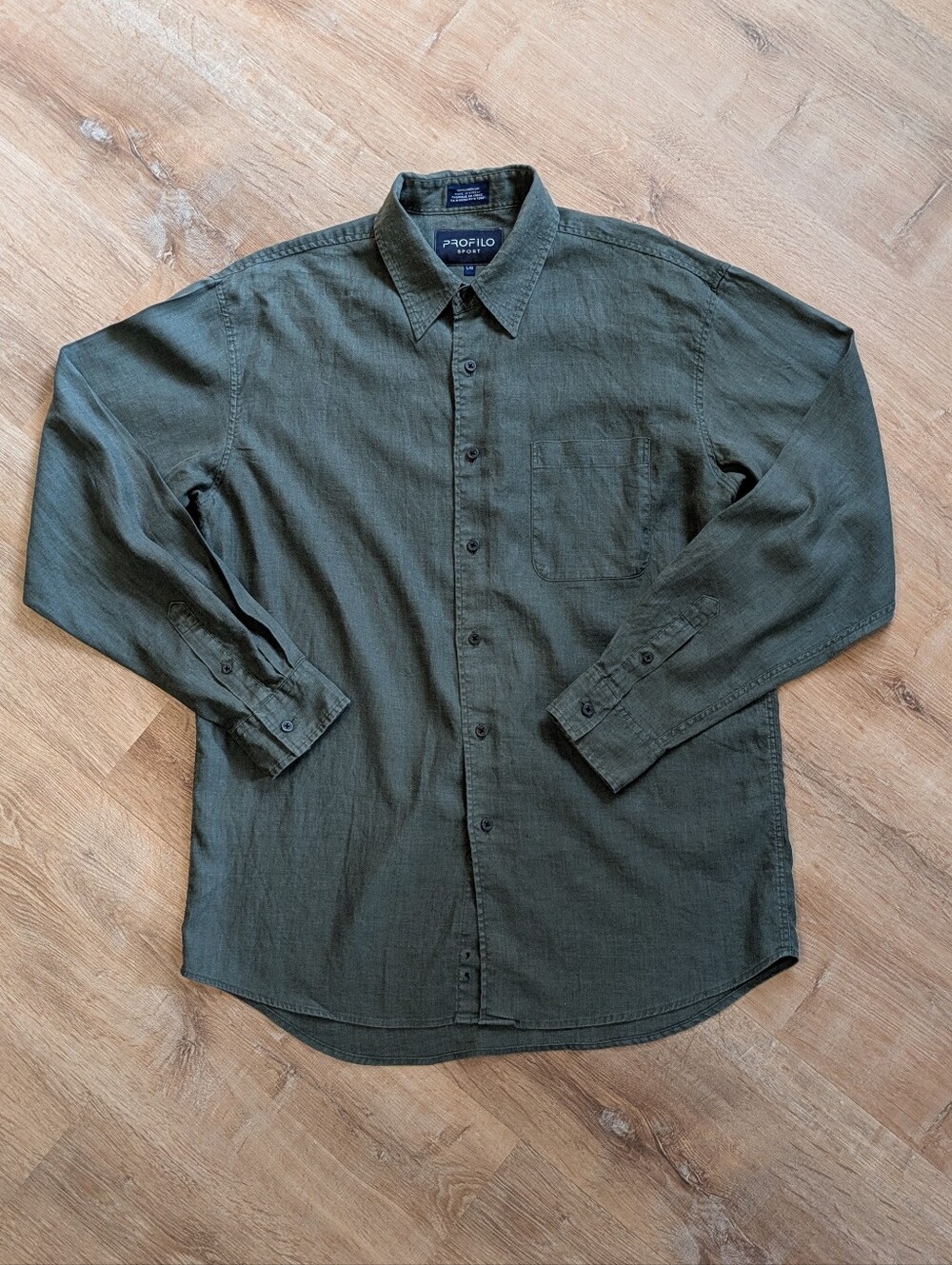 Vintage Men's Long-Sleeve Linen Button-Up Shirt in Olive Green Large